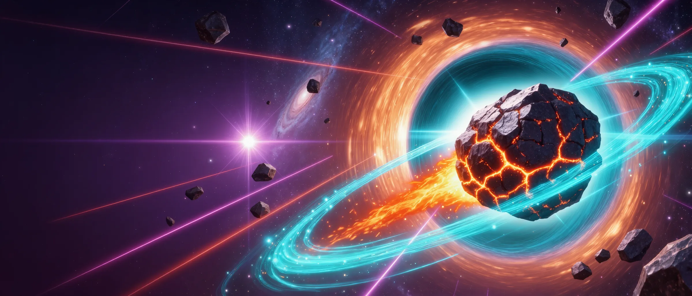 A lava-cracked rock slingshots on a glowing orbit past a black hole